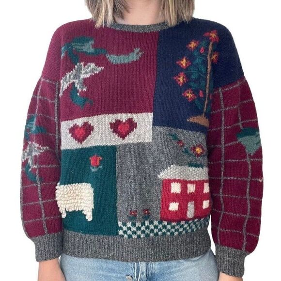 Vintage Womens Deans of Scotland Hand Knit Cottagecore Farm Scene Wool Sweater - Picture 1 of 9